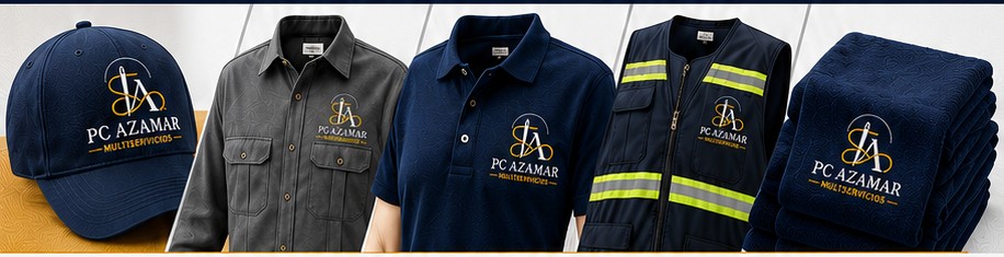 Muestra de prendas bordadas por PC Azamar: gorra, camisa, polo, chaleco y toallas